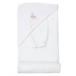 NEW KISSY KISSY baby's gingham jungle hooded towel with mitt set in pink